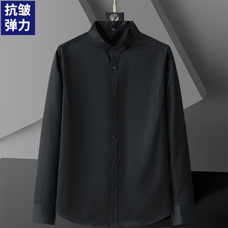 小立领衬衫男长袖春秋季弹力中山装抗皱圆领无领村子新式高档衬衣 - 图1