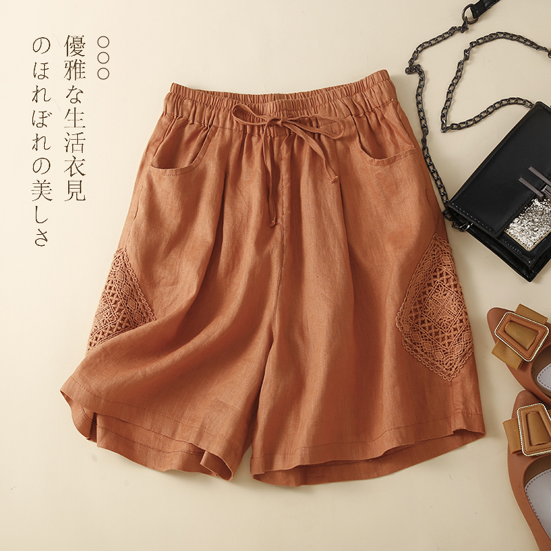 捡漏~专柜撤回大牌复古拼接镂空钩花亚麻短裤女系带阔腿五分裤裙 - 图2