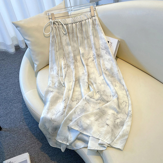 New Chinese-style acetate satin skirt for women, spring and autumn style high-waisted slim A-line skirt ink printed pleated skirt