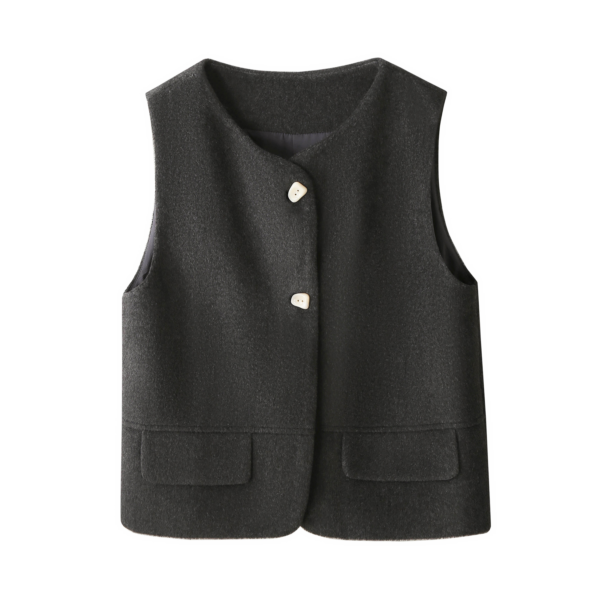 高级感灰色毛呢圆领马甲女秋冬百搭叠穿两粒扣坎肩背心上衣短外套,淘宝优惠券,粉丝福利购,淘宝优惠卷