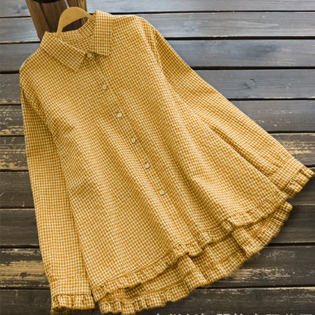 Brand discount store shopping mall counter withdrawal foreign trade women's clothing tail goods clearance ruffled plaid long sleeve cotton linen shirt