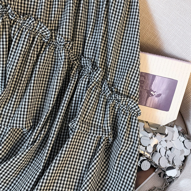 Retro black and white plaid black earring skirt for women in summer irregular A-line thin casual high-waisted long skirt