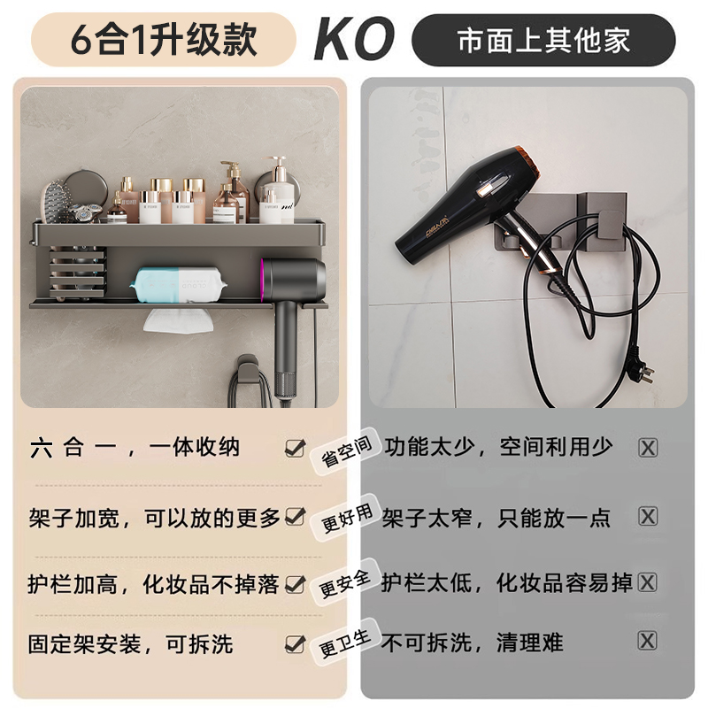 吸盘多功能枪灰牙刷置物架卫生间壁挂式吹风机架洗脸巾收纳架子 - 图2