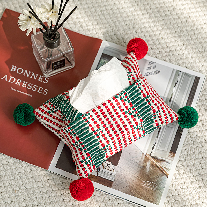 圣诞节限定布艺纸巾套北欧ins棉线编织彩球抽取式纸巾袋民宿软装
