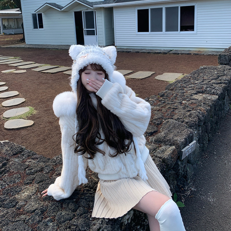 可爱小熊毛绒帽女冬季百搭显脸小条纹针织帽保暖护耳毛线包头帽子,淘宝优惠券,粉丝福利购,淘宝优惠卷