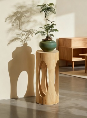 侘寂风实木镂空花盆架装饰摆件