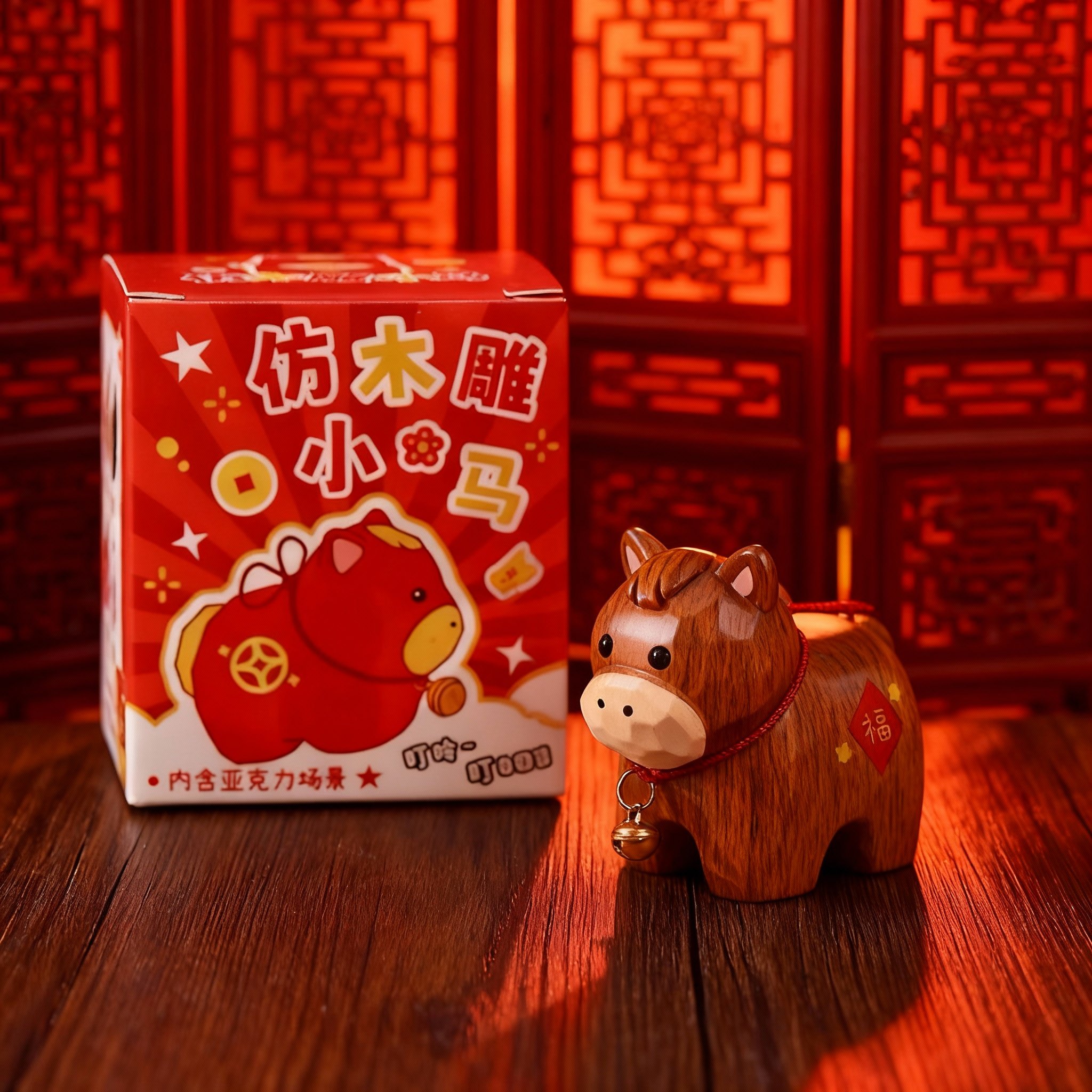 仿木雕小马摆件树脂工艺新年红色吉祥物桌面装饰亚克力底座,淘宝优惠券,粉丝福利购,淘宝优惠卷