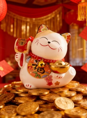 新中式陶瓷招财猫自动招手摆件