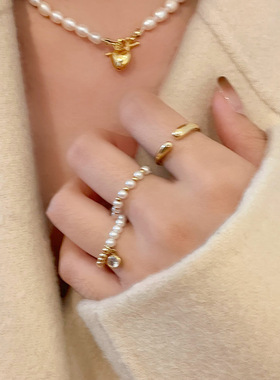 韩式轻奢镶锆石珍珠几何开口戒指