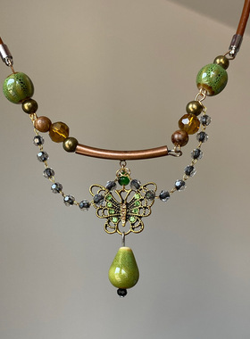 新中式复古镶钻绿色蝴蝶陶瓷串珠