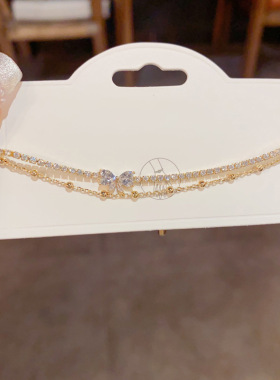 锆石蝴蝶结双层吊坠手链韩系精致