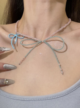 猫眼石米珠蝴蝶结吊坠项链韩系小