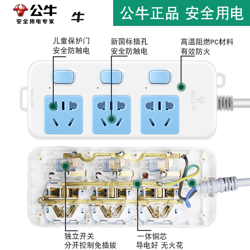 公牛单控插排带线插座多插位分头独立开关多功能面板电排接拖线板 - 图1