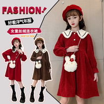 Girl Velvet Dress Dress Winter New Foreign Air Long Sleeves Princess Dresses Red Christmas New Year Thickened Skirt Tide