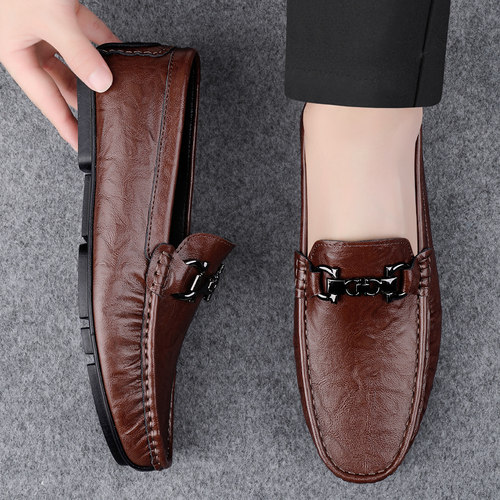 豆豆鞋男2025新款冬季加绒保暖真皮休闲皮鞋一脚蹬软底软皮驾车鞋 - 图1