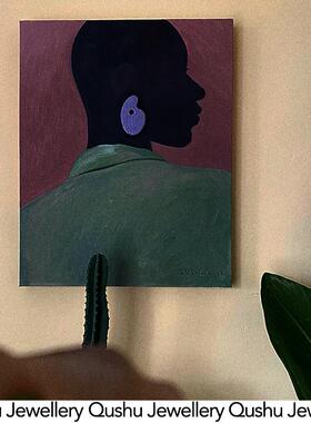 Qushu Jewellery 原创设计手工制艺术调色盘状耳环真皮紫色耳饰