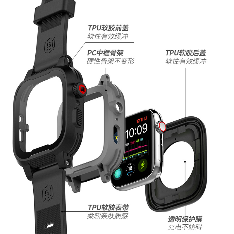 适用苹果手表4/5代apple watch密封防水手表壳带iwatch6 se表带漂流游泳44/42mm/40/38男女2/3/6潜水保护壳套 - 图1