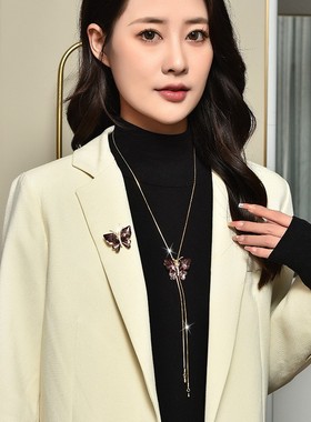 蛇骨链女士水晶蝴蝶挂坠项链胸针