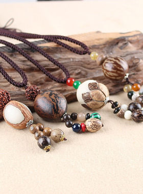 简约民族风菩提子吊坠长款棉麻绳子项链百搭男女衣服饰配饰毛衣链