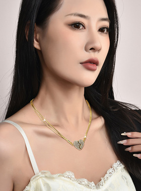 磁吸扣爱心钛钢锁骨链女镶钻项链