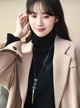 水晶花朵流苏毛衣链女长款项链