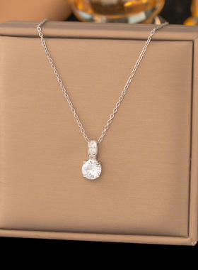 微镶锆石单钻吊坠短款钛钢项链女