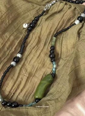 墨绿色小蛮腰吊坠串珠项链颈链女