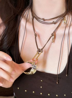 日月同辉做旧复古长款蜡绳项链女