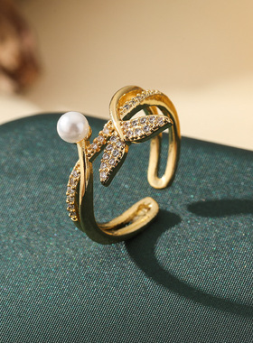 镶锆石可调节开口戒指女心形指环