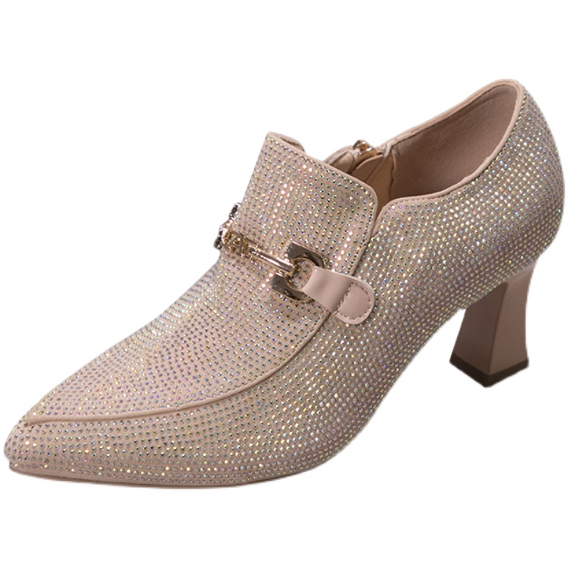 米色尖头粗跟深口单鞋春秋水满钻高跟高端新娘喜妈妈婚宴鞋六厘米 - 图3