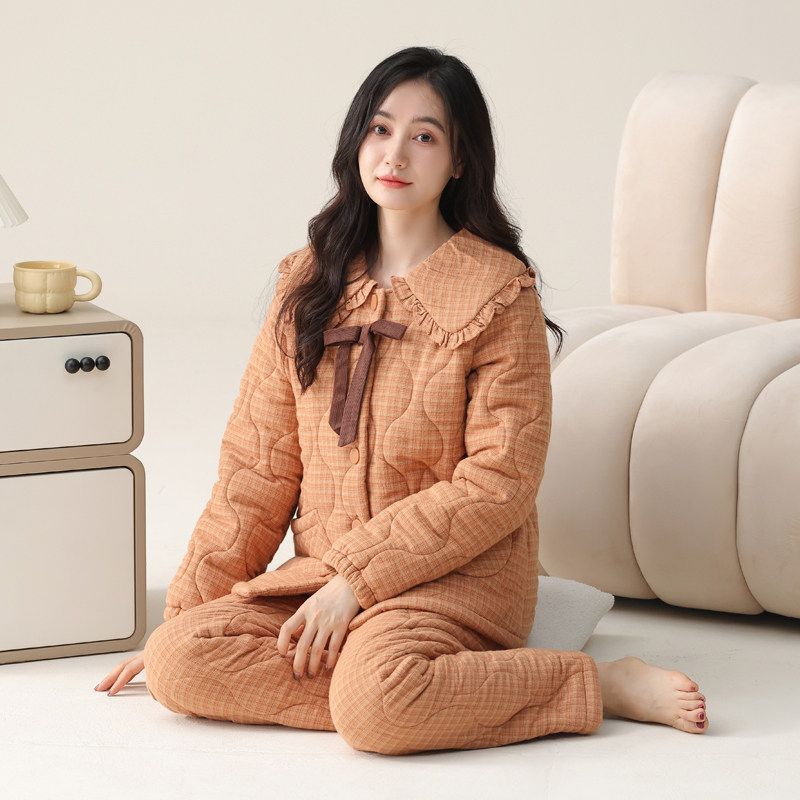 睡衣女士长袖加厚纯棉家居服秋冬季三层夹棉保暖格子中年妈妈套装,淘宝优惠券,粉丝福利购,淘宝优惠卷