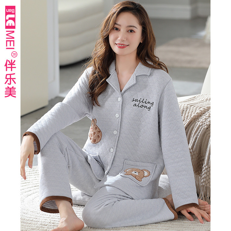 秋冬季女士中老年妈妈纯棉大码睡衣三层保暖夹层薄夹棉加厚家居服