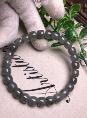 和田玉青花直切老型珠桶珠手链男女款亮面碧玉直切面单圈手串饰品