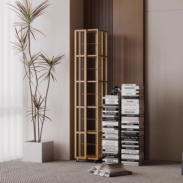 Rotating bookshelf Home living room movable multi-layer storage shelf Solid wood space-saving storage artifact Simple bookcase