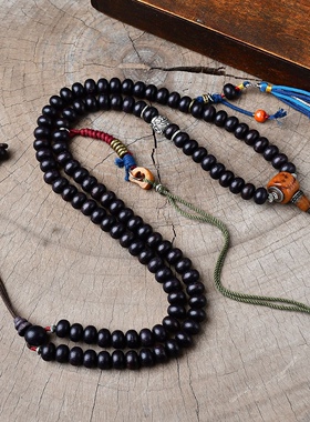 黑檀吊坠绳珠链挂件绳手工DIY藏式风格搭牛骨侧挂藏银配件男女款