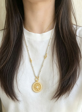 天然淡水珍珠项链女八宝罗盘黄金吊坠可拆卸万能链毛衣链长62厘米