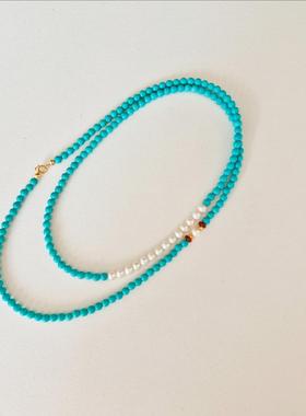 原创绿松石长款项链淡水珍珠红玛瑙串珠新中式国风毛衣链多圈手链