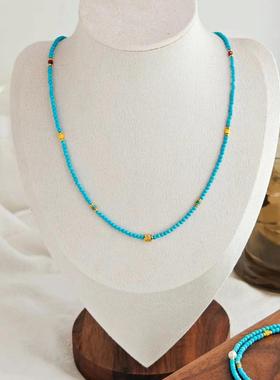 天然原矿绿松石项链女新中式国风串珠小米珠锁骨链多圈手链湖北产