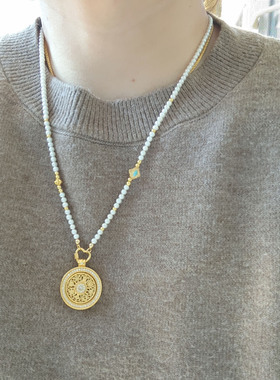 天然淡水珍珠项链女八宝罗盘黄金吊坠可拆卸百搭万能链多用挂绳