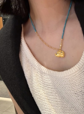 新中式绿松石项链女炸珠小象吊坠可拆卸挂链小众设计长款毛衣链