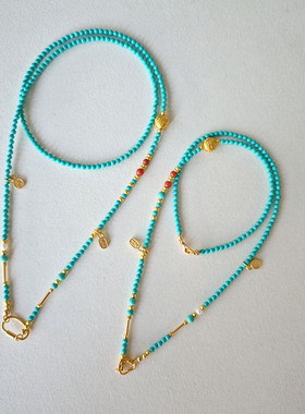 新中式绿松石项链女小米珠串珠黄金吊坠可拆卸万能链长款毛衣链