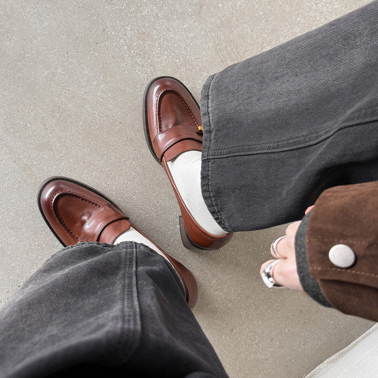 6.5cm真皮时尚圆头一脚蹬乐福鞋百搭英伦风显瘦小皮鞋粗高跟单鞋,淘宝优惠券,粉丝福利购,淘宝优惠卷