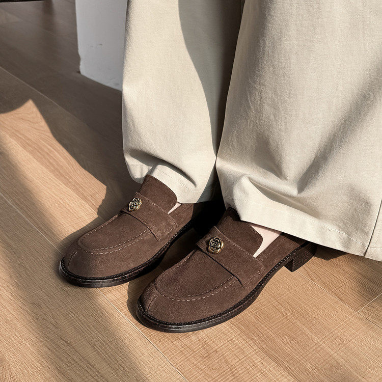 3.5cm真皮绒面复古山茶花乐福鞋2026新款英伦小皮鞋深口粗跟单鞋,淘宝优惠券,粉丝福利购,淘宝优惠卷