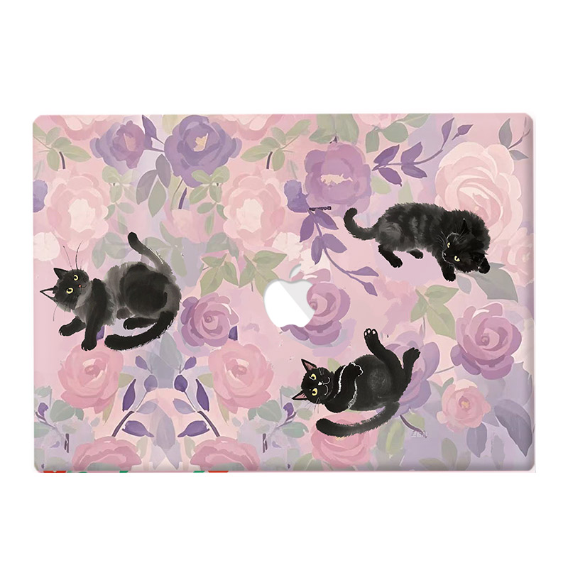 适用25新款Macbook保护壳m3轻软m1苹果笔记本电脑套air薄壳磨砂m4 pro13/14/15防摔2338紫色花插画猫浪漫2681-图3