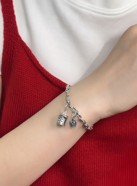 女士925银复古老花水桶包手链