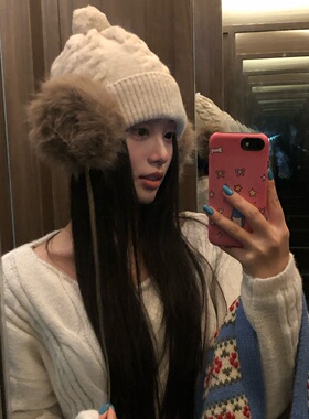 秋冬季复古毛绒针织毛线护耳帽女