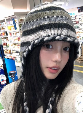 秋冬复古保暖加绒护耳针织毛线帽