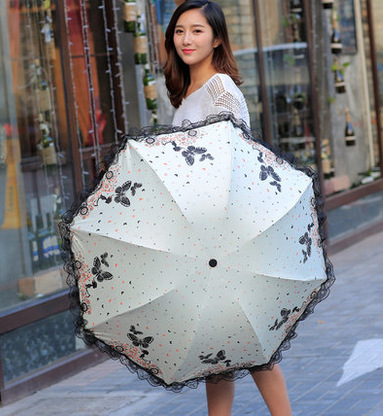 女生可爱蝴蝶公主蕾丝太阳伞黑胶防紫外线遮阳伞折叠超轻学生雨伞 - 图0
