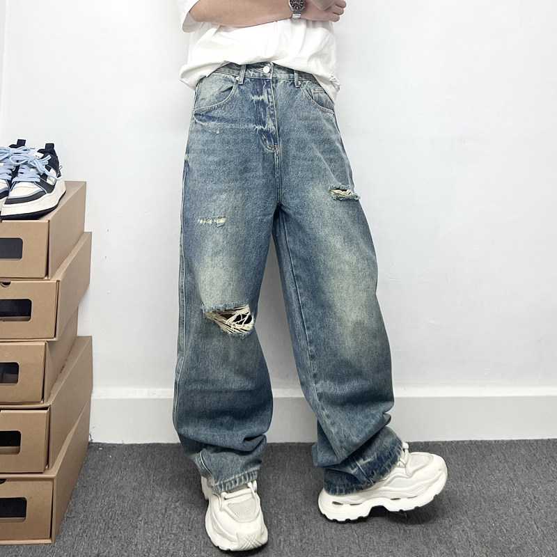 高级感阔腿直筒破洞牛仔裤男美式休闲宽松高腰显瘦哈伦裤微垮长裤,淘宝优惠券,粉丝福利购,淘宝优惠卷