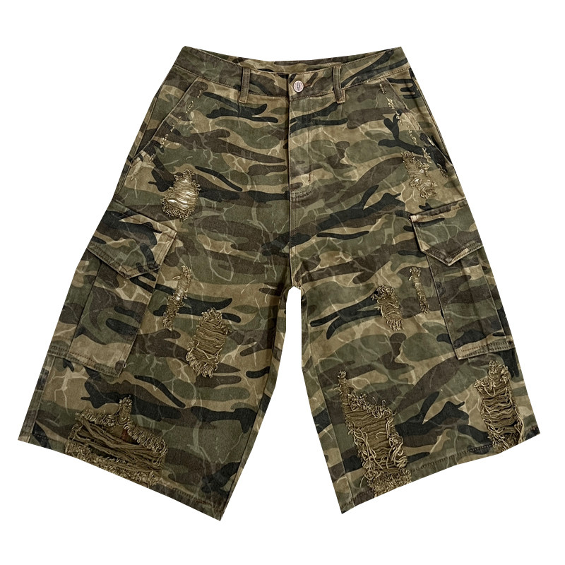 夏季宽松版休闲男士短裤潮牌多口袋破洞刮烂设计感迷彩工装五分裤,淘宝优惠券,粉丝福利购,淘宝优惠卷